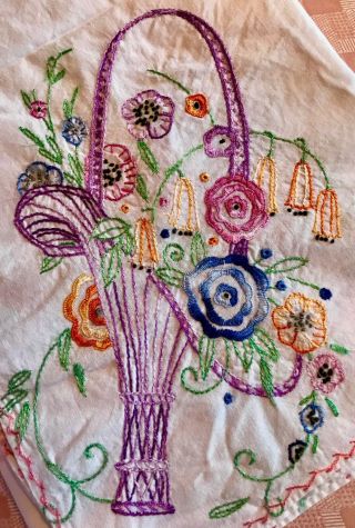 Vintage Hand Embroidered Tablecloth Basket Of Flowers 48 X 50 Feather Stitch Hem