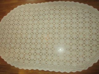 Vintage Hand Crocheted Cream Tablecloth Oval 88 " By 52 "