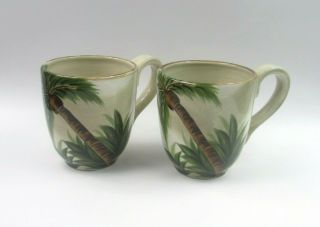 Set Of 2coffee Mugs Tabletop Lifestyle Kona Hand Crafted Hand Painted Palm Tree