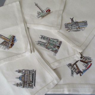 Set 6 Vintage Linen 16 " Napkins Landmarks Of London Hand Embroidered W Drawnwork