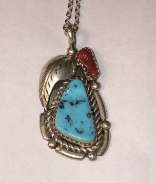 Necklace W/ Vintage Sterling Silver Navajo Turquoise And Coral Pendant Signed Vj