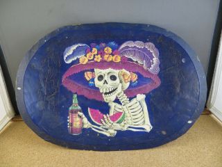 Vintage Day Of The Dead Hand Made Skeleton Skull Bowl Tray Mexican Folk Art