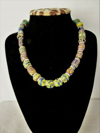 Vintage African Glass Trade Beads Venetian Mixed Millefiori Necklace - 16 "