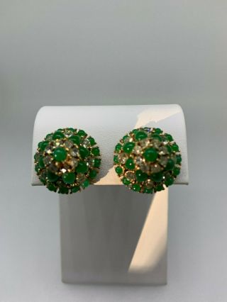 Vintage Gold Tone Ciner Green And Clear Rhinestone Dome Earrings