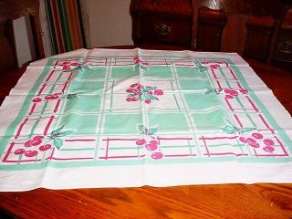 Vtg Red Cherry Green Cotton Tablecloth 35 " X 37 "