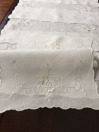 Vtg Madeira Set Of 6 White Linen Placemats Cutwork Embroidery Pulled Thread