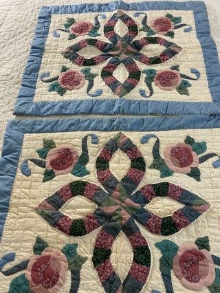 Vintage Hand Quilted Double Wedding Ring Flower Appliqué Quilt Shams Set Of 2