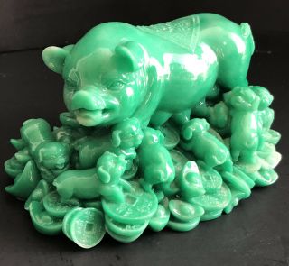 Chinese Year Jade Green Lucky Pig & Piglets Yuan Coin Figure Statue Zodiac