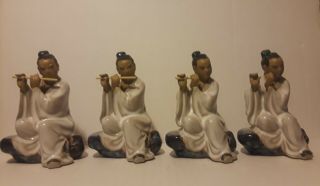 Set Of 4 Vintage Shiwan Ceramic Glazed Pottery Chinese Figurine Flute Mud Man
