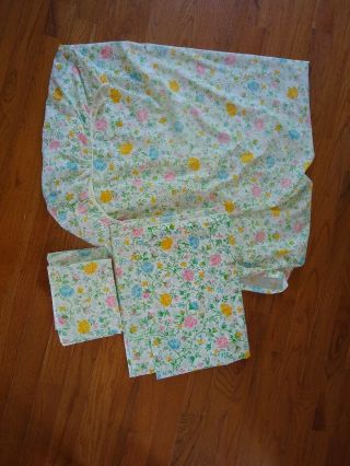 Vintage J C Penney Full Size Sheet Set Guc Floral Blue Pink Yellow 81 " X 94