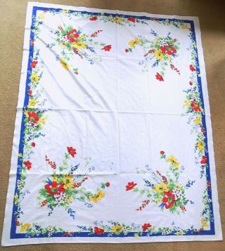 Vintage Wilendur Cloth Hand Printed Floral Pattern Tablecloth 65 X 52