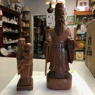 2 Vtg Hand - Carved Wood Oriental Asian Figures Man W/child Man W/serpent Staff