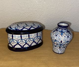 Javier Servin Mexico Pottery Cobalt Blue Lidded Oval Vanity Trinket Box And Vase