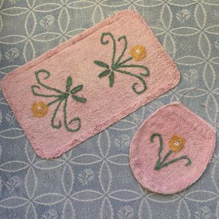 Vintage 1940s 1950s Pink Chenille Bath Mat Rug With Matching Toilet Lid Cover