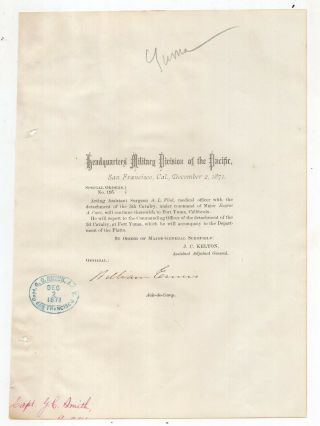 1871 San Francisco Military Order Surgeon To Report To 3rd Cavalry At Fort Yuma