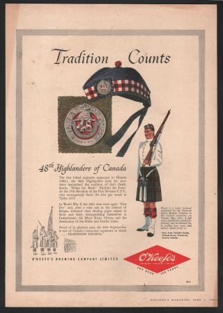 1951 Canadian O’keefe’s Brewery Print Ad 48th Highlanders Of Canada