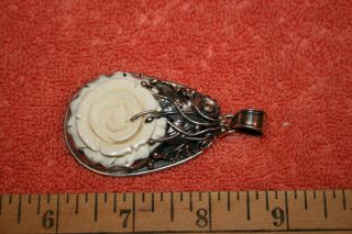 Vintage Thick Sterling Silver 925 Pendant With Inlaid Bone Rose Flower