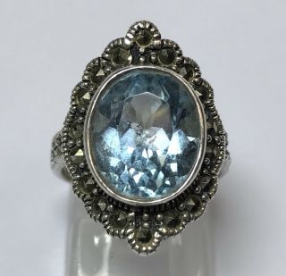 Ladies Vintage Sterling Silver 3 Carat Blue Topaz & Marcasite Ring Sz 5