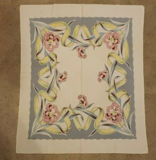 Vintage 1950s Pink Carnation Print Cotton Linen Tablecloth 52 " X 44 " White/blue