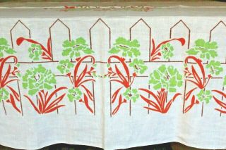 Vintage Mid - Century Linen Tablecloth,  Fence & Flowers Pattern,  55 " X 65 "