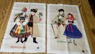 2 Vintage Kitchen Tea Towel Polish Linen Couples Folk Costumes Made Poland