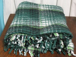 Irish Hunter Green Plaid Fringed Wool Blanket Throw 72 X 63