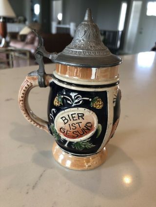 Vintage 5 " Tall German Ceramic Beer Stein Mug With Lid Bier Ist Gesund