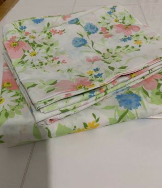 Vntg Jc Penney Percale Pretty Floral Flat Full Size Sheet,  Matching Pillowcases