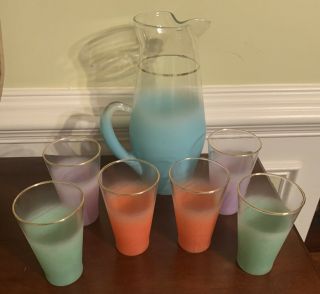 Vintage 1950’s Blendo Frosted Pitcher And Glass Set Assorted Colors