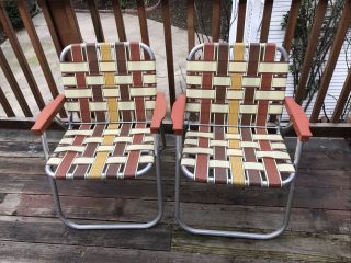 2 Vintage Aluminum Folding Webbed Gold Brown Orange Sand Beach Lawn Chair Metal