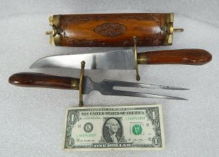 Vintage Carving Set Knife & Fork & Brass Wooden Case Holder India