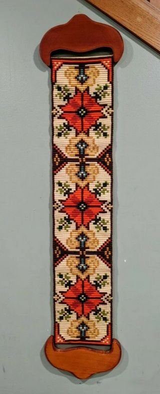 Vintage Woven Bell Pull Tapestry,  Wall Hanging,  Carved Wood Hangers,  Floral 42 "