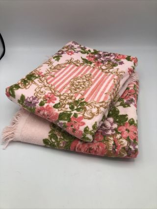 Vtg 2 Bath Towels Stevens Utica Cotton Pink Floral Tassels 24x44” 1970/80’s