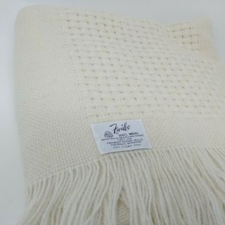 Vtg Faribo 100 Wool Throw Blanket Shawl Ecru Cream Waffle Pattern Fringe