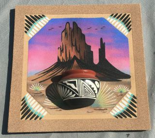 Navajo " Pottery With Shiprock " Sand Painting W/jar By J Begay Mexico