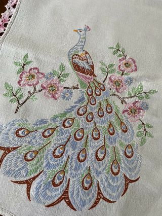 Vintage Table Runner Dresser Scarf Peacock Embroidered Crocheted Edges (24)