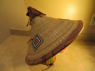 Vintage Round Hand - Woven African Coolie Straw And Leather Hat