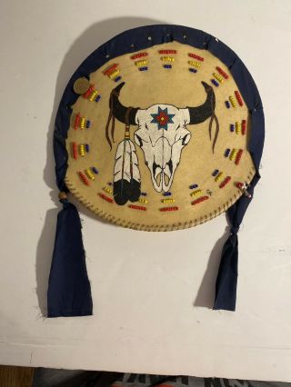Native American,  Medicine Shield,  Hand Painted,  Artist Signed,  Leather,  Skull
