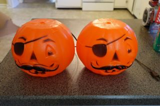 2 Vintage Plastic Blow Mold Jack O Lantern Pumpkin Eye Patch Pirate Halloween