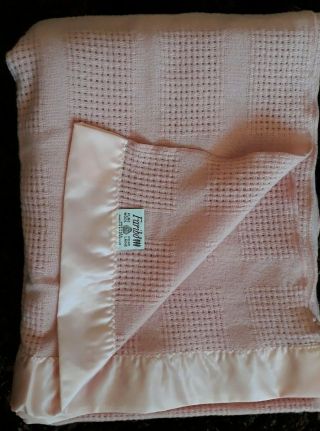 Vintage Faribo Waffle Weave Wool Blanket W/ Satin Trim Pink - Peach 60 " X80 "