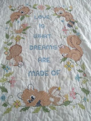 Vtg Handmade Cross Stitch Baby Crib Quilt Love Is What Dreams Are Made Of 39x60