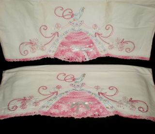 Vintage Pair Embroidered Pink Crochet Southern Belle Ladies 2 Queen Pillowcases