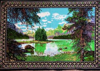 Vintage Mountain Lake Nature Scene Rug Tapestry Wall Hanging Eclectic Art