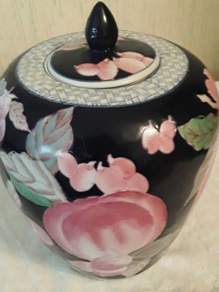 Vintage Chinese Floral Ginger Jar Urn With Lid Porcelain Pink /black 10.  5” Tall.
