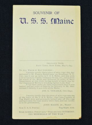 U.  S.  S.  Maine Souvenir Card - 1899 Steel Wire Cable Card (no Wire - Card Only)