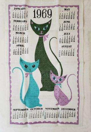 1969 Vtg Retro Cats Calendar Kitchen Tea Towel