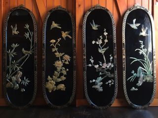 Vtg Large Chinese Carved Lacquer Wall Plaques 4 Seasons Bird/floral 3’ Set