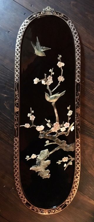 Vtg Large Chinese Carved Lacquer Wall Plaques 4 Seasons Bird/Floral 3’ Set 2