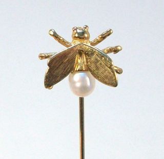 Fine Vintage Estate 14k Yellow Gold Fly Bug Bee W/ Real Pearl Body Stick Pin