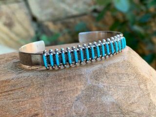 Native American Zuni G.  Acque Sterling Silver And Turquoise Needlepoint Cuff